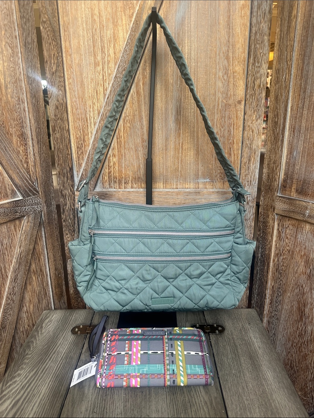 Vera Bradley Sage Green Quilted Shoulder Bag NWT Midtown Wristlet Wallet Bundle